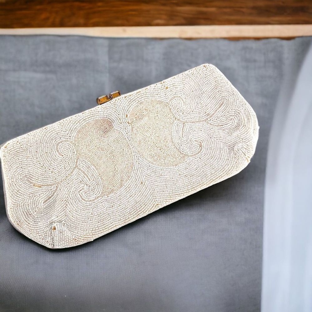 Vintage‎ Beaded iridescent Delill handbag clutch bag made in Belgium white